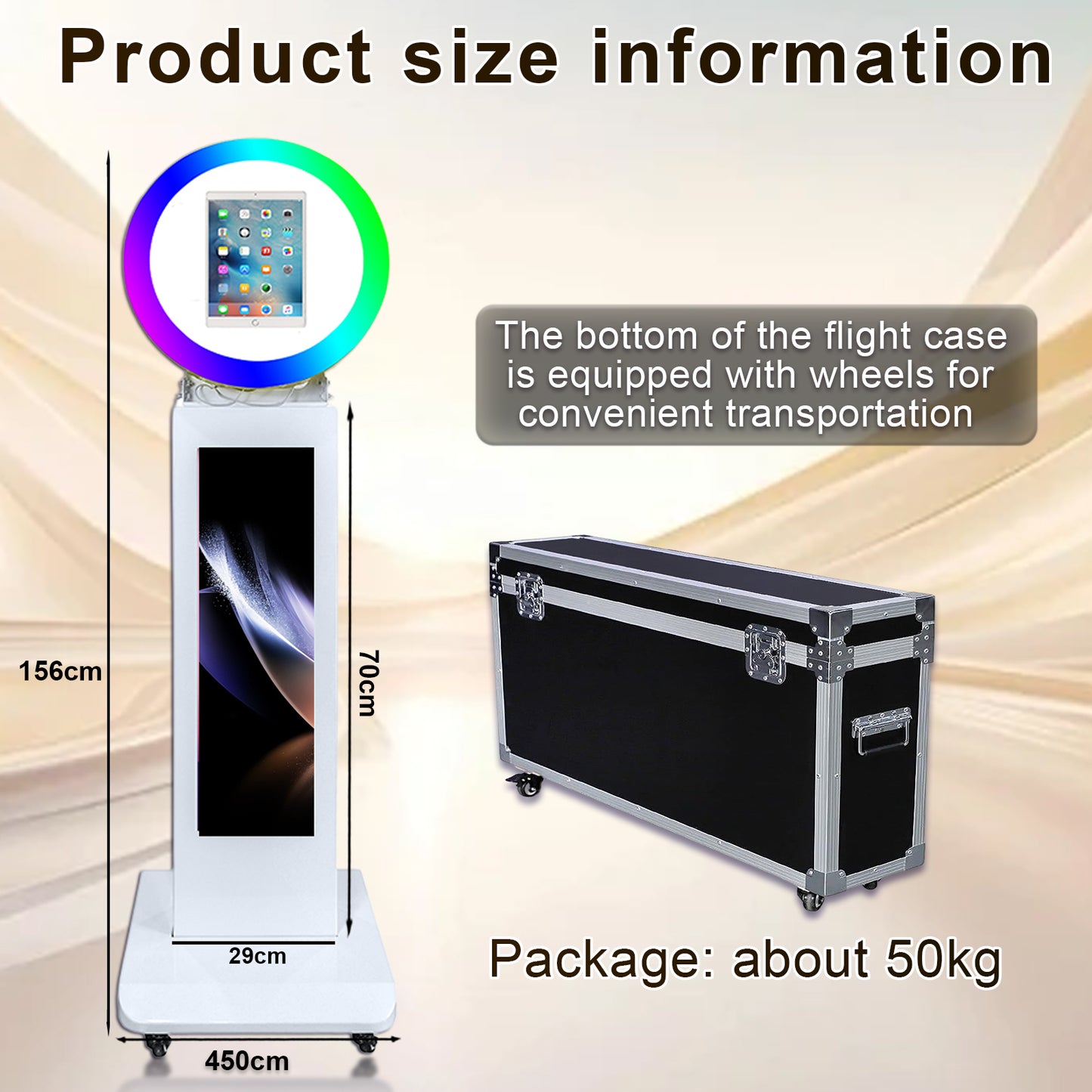 Photo Booth for iPad 10.2" 10.9'' 11'' 12.9'' Photobooth Machine Stand Shell Selfie with APP Control 29'' 1080P LCD Screen with RGB LED Ring Light and Flight Case for Wedding Rental Events