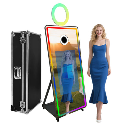 Magic Mirror Photo Booth 65’’ Mirror Photo Booth 32’’ Interactive Touch Screen, Built-in Mini PC with Instant Print and Sharing