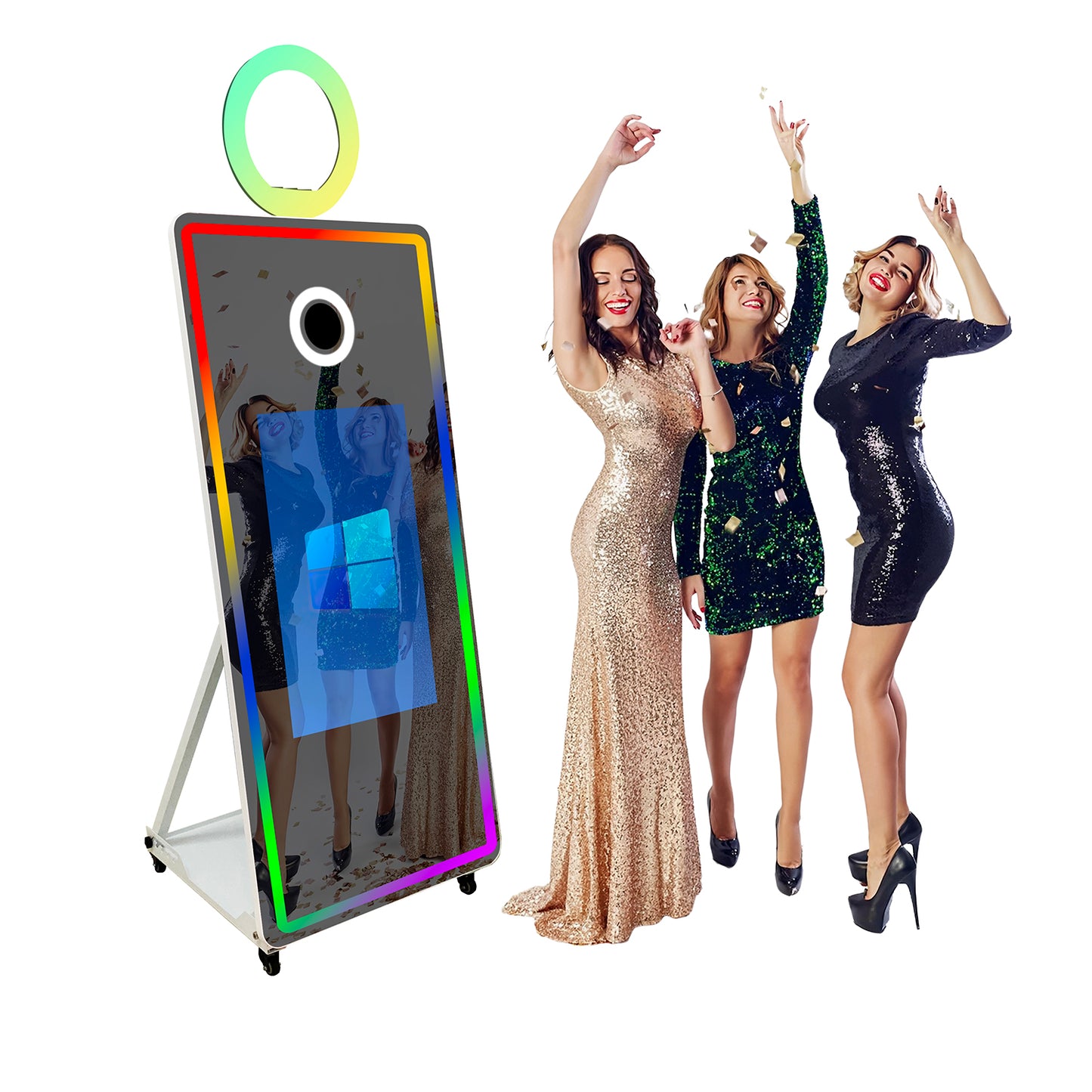 Magic Mirror Photo Booth 65’’ Mirror Photo Booth 32’’ Interactive Touch Screen, Built-in Mini PC with Instant Print and Sharing