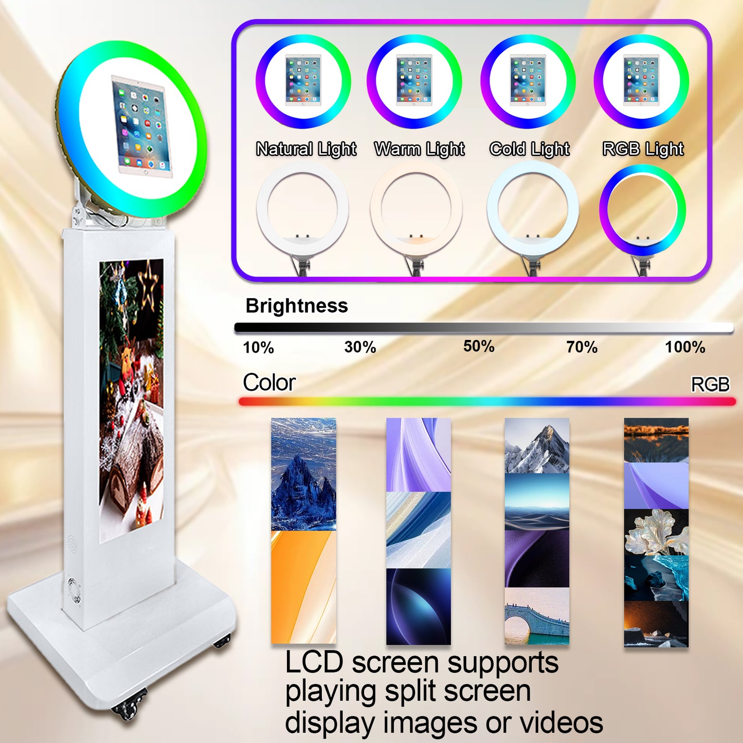 Photo Booth for iPad 10.2" 10.9'' 11'' 12.9'' Photobooth Machine Stand Shell Selfie with APP Control 29'' 1080P LCD Screen with RGB LED Ring Light and Flight Case for Wedding Rental Events