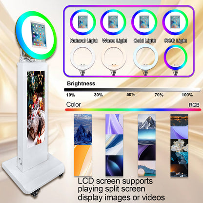 Photo Booth for iPad 10.2" 10.9'' 11'' 12.9'' Photobooth Machine Stand Shell Selfie with APP Control 29'' 1080P LCD Screen with RGB LED Ring Light and Flight Case for Wedding Rental Events