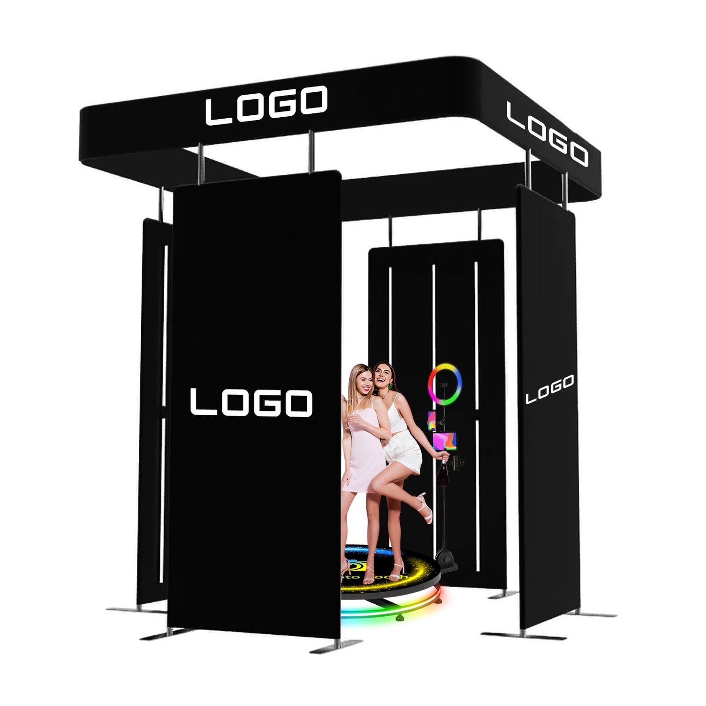 360 Photo Booth Backdrop for Party Event LED Lights Vogue Booth 360 Degree Video Camera Booth Enclosure Free Customize Logo for Events Weddings Parties