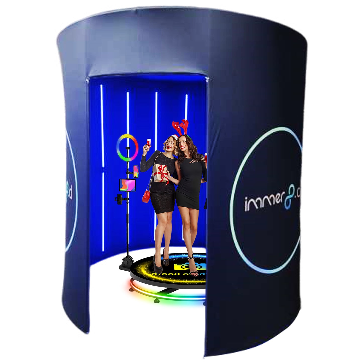 360 Photo Booth Backdrop for Party Event LED Lights Vogue Booth 360 Degree Video Camera Booth Enclosure Free Customize Logo for Events Weddings Parties