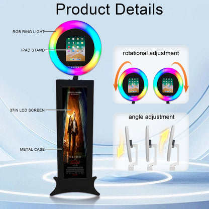 Photo Booth for iPad 10.2" 10.9'' 11'' 12.9'' with 37" LCD Selfie Machine, Portable Photo Booth with RGB LED Light & Flight Case for Birthday Graduation Wedding Events (Black, Photo Booth)