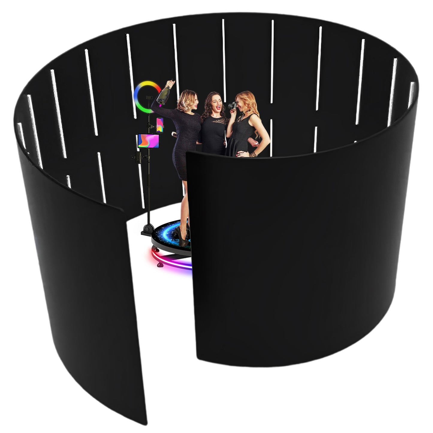 360 Photo Booth Backdrop for Party Event LED Lights Vogue Booth 360 Degree Video Camera Booth Enclosure Free Customize Logo for Events Weddings Parties