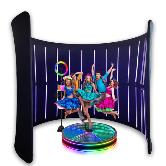 360 Photo Booth Backdrop for Party Event LED Lights Vogue Booth 360 Degree Video Camera Booth Enclosure Free Customize Logo for Events Weddings Parties