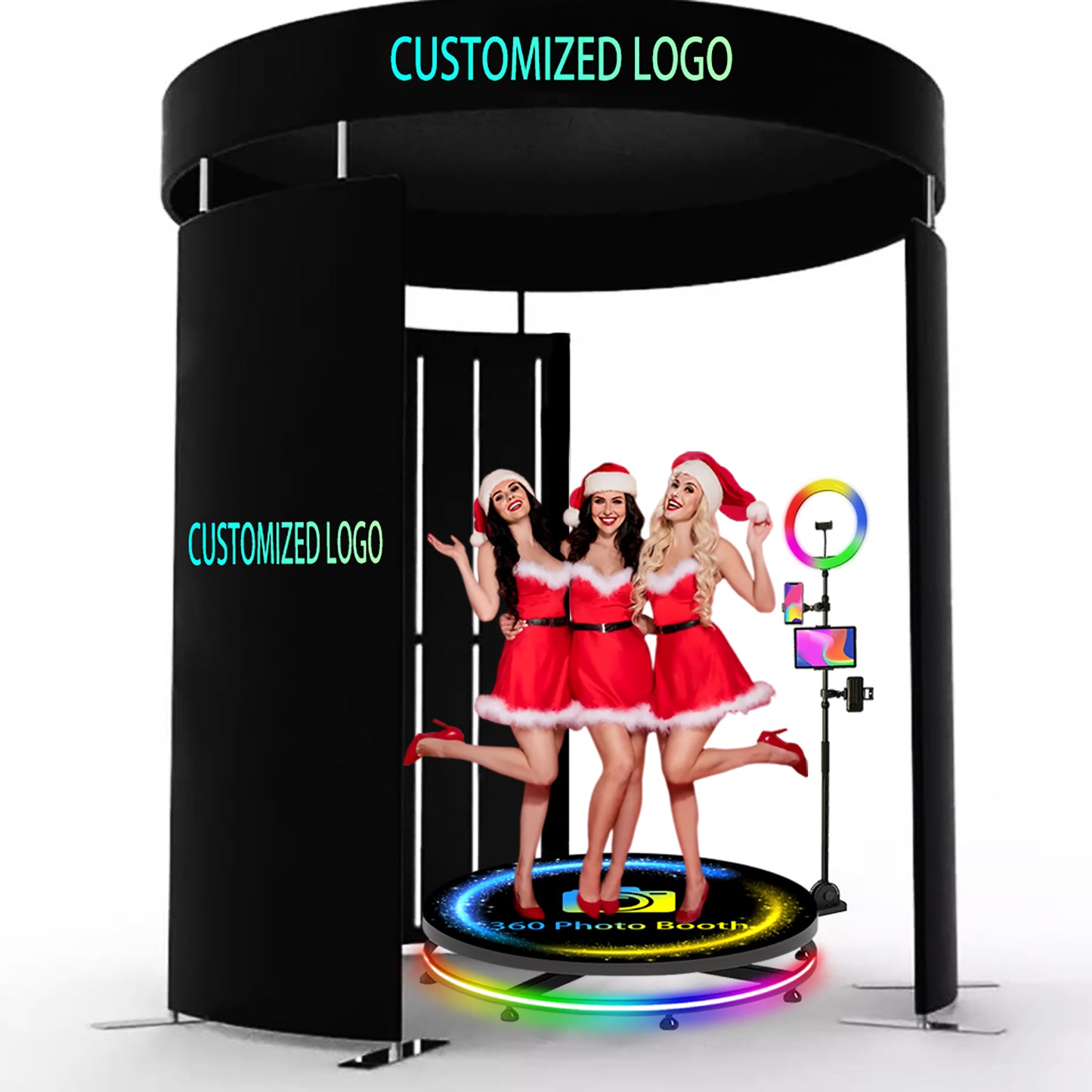 360 Photo Booth Backdrop for Party Event LED Lights Vogue Booth 360 Degree Video Camera Booth Enclosure Free Customize Logo for Events Weddings Parties