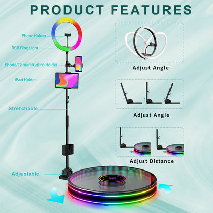 Portable 360 Photo Booth LED Glass Machine Camera Selfie Video Fill Light Booth Free Accessories Automatic Spin 360 Photobooth