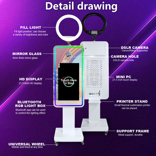 Portable Mirror Photo Booth Camera Magic Mirror Selfie Photobooth Machine with 21.5 inch Touch Screen for Wedding Patry Rental