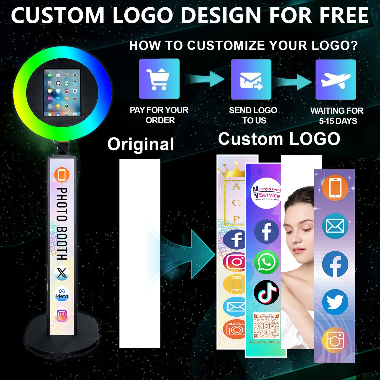 iPad Photo Booth Selfie Machine Shell Adjustable Stand Photobooth With LED Ring Light Customized LOGO For Wedding Partys Events