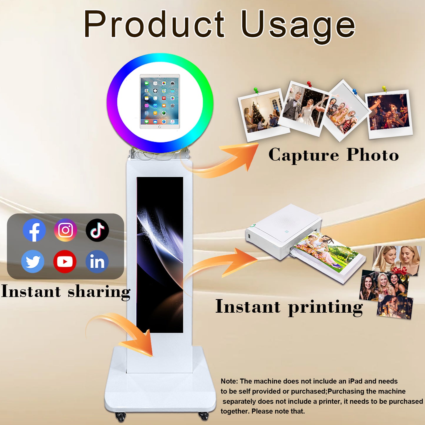 Photo Booth for iPad 10.2" 10.9'' 11'' 12.9'' Photobooth Machine Stand Shell Selfie with APP Control 29'' 1080P LCD Screen with RGB LED Ring Light and Flight Case for Wedding Rental Events