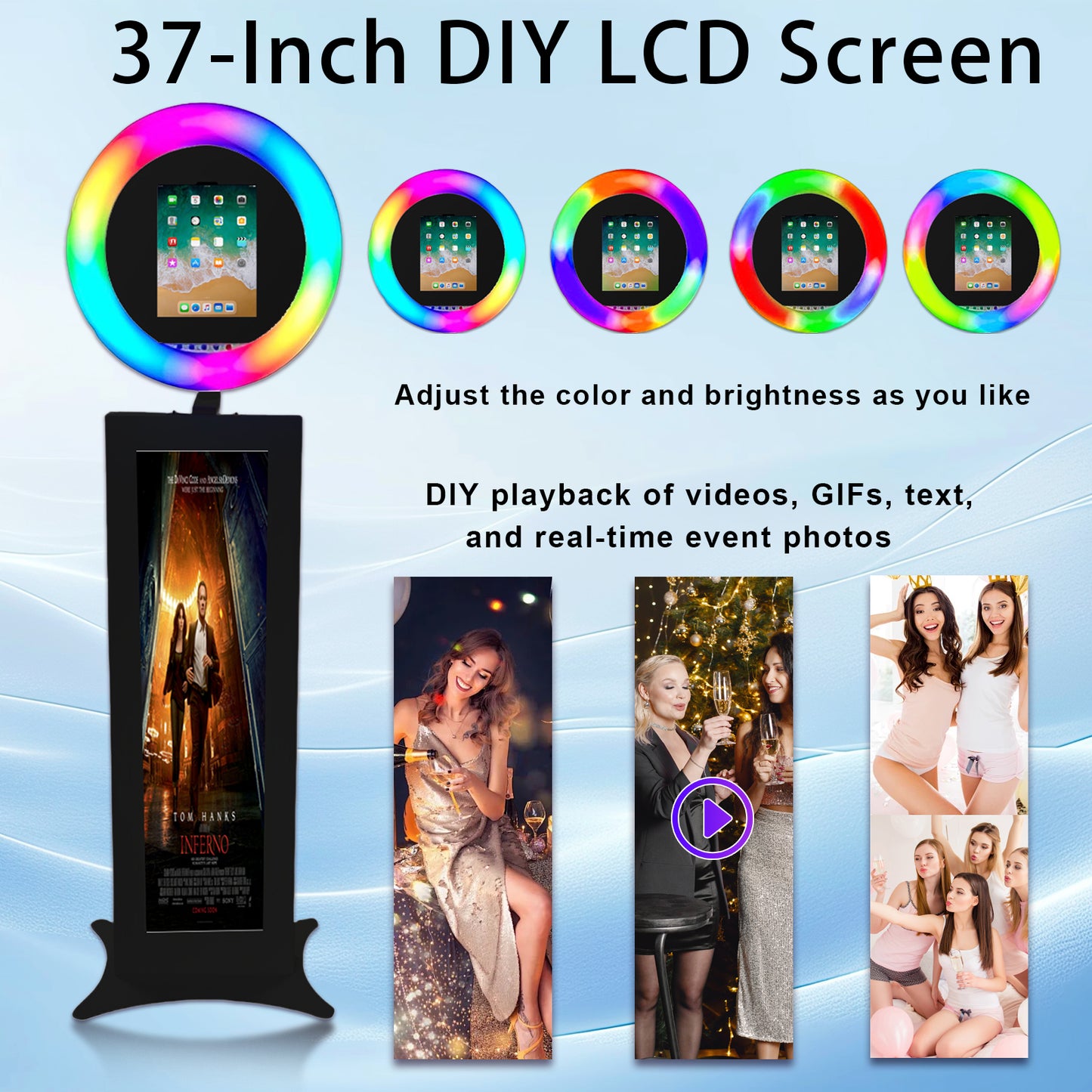 Photo Booth for iPad 10.2" 10.9'' 11'' 12.9'' with 37" LCD Selfie Machine, Portable Photo Booth with RGB LED Light & Flight Case for Birthday Graduation Wedding Events (Black, Photo Booth)