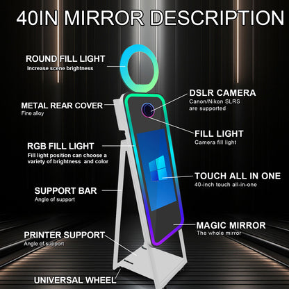Portable 40" Magic Mirror Photo Booth with 21.5" Touch Screen Selfie Photobooth Machine with Flight Case for Wedding Party
