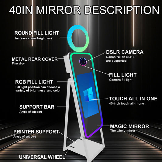 Portable 40" Magic Mirror Photo Booth with 21.5" Touch Screen Selfie Photobooth Machine with Flight Case for Wedding Party