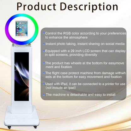 Photo Booth for iPad 10.2" 10.9'' 11'' 12.9'' Photobooth Machine Stand Shell Selfie with APP Control 29'' 1080P LCD Screen with RGB LED Ring Light and Flight Case for Wedding Rental Events