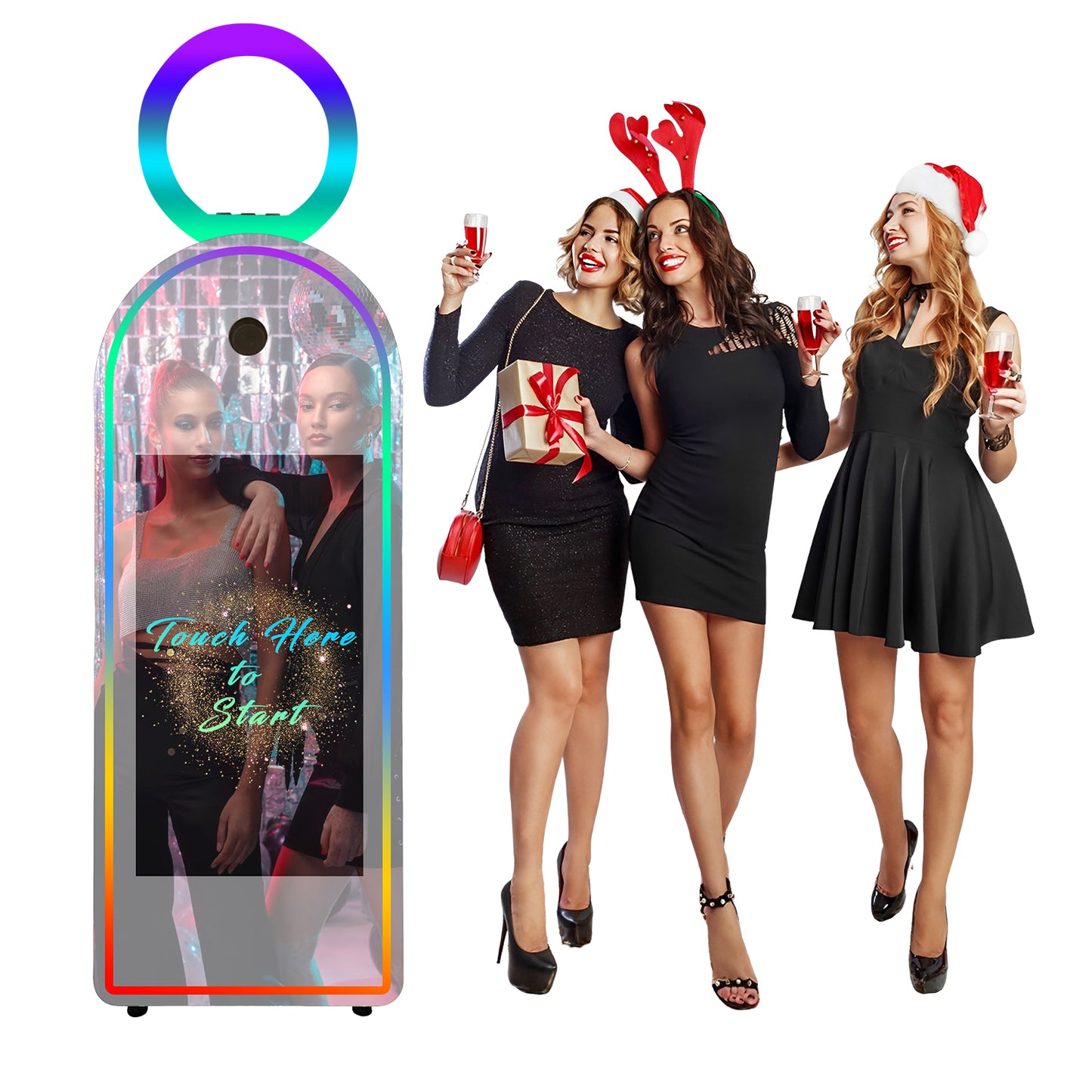 Portable Mirror Photo Booth Selfie Machine 32in Touch Screen Built-in Mini PC 65 inch Magic Mirror Photo Booth for Partys Events