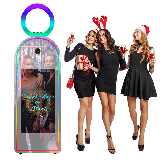 Portable Mirror Photo Booth Selfie Machine 32in Touch Screen Built-in Mini PC 65 inch Magic Mirror Photo Booth for Partys Events