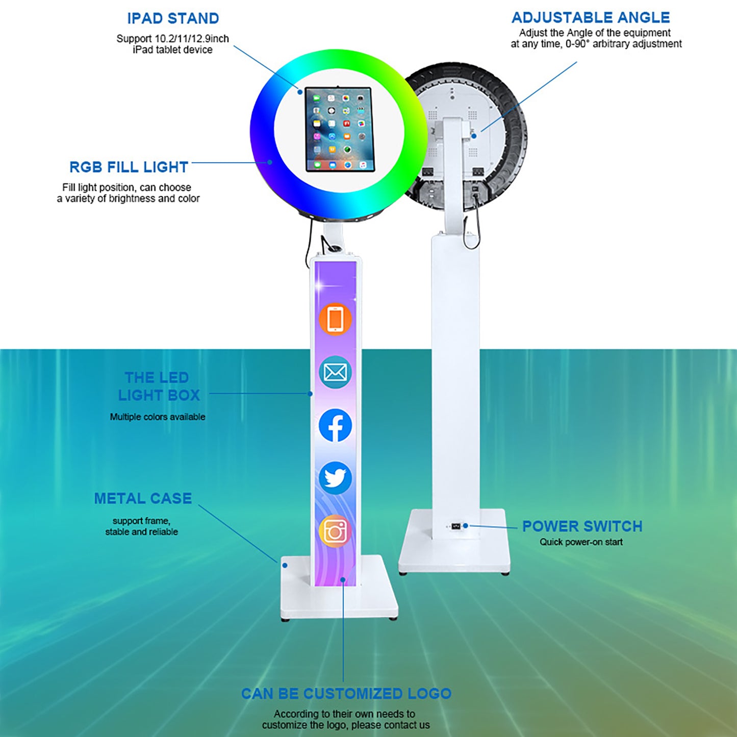 Portable Stand Selfie PhotoBooth Machine Metal Shell iPad Photo Booth With Ring Light for iPad 10.2'' 10.9'' 11'' 12.9''