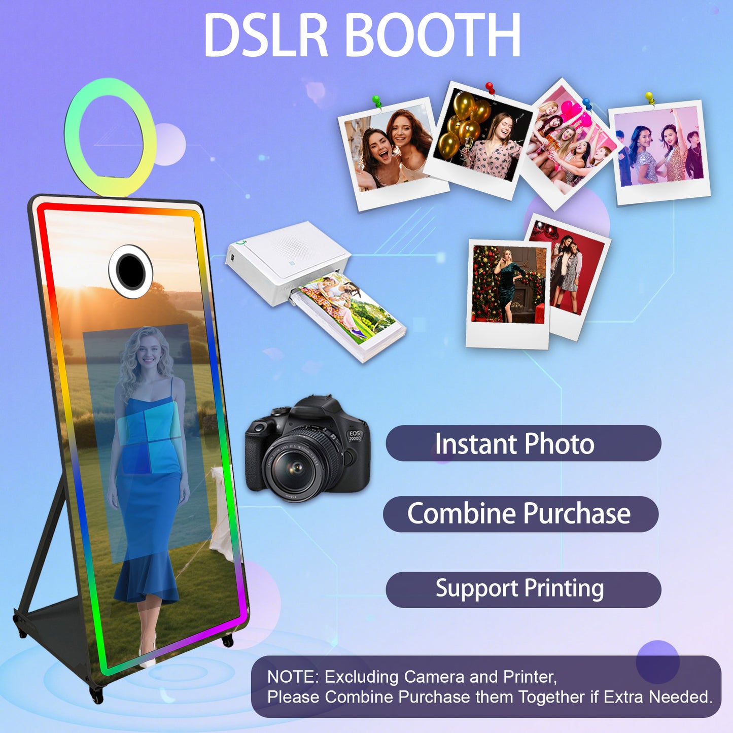 Magic Mirror Photo Booth 65’’ Mirror Photo Booth 32’’ Interactive Touch Screen, Built-in Mini PC with Instant Print and Sharing