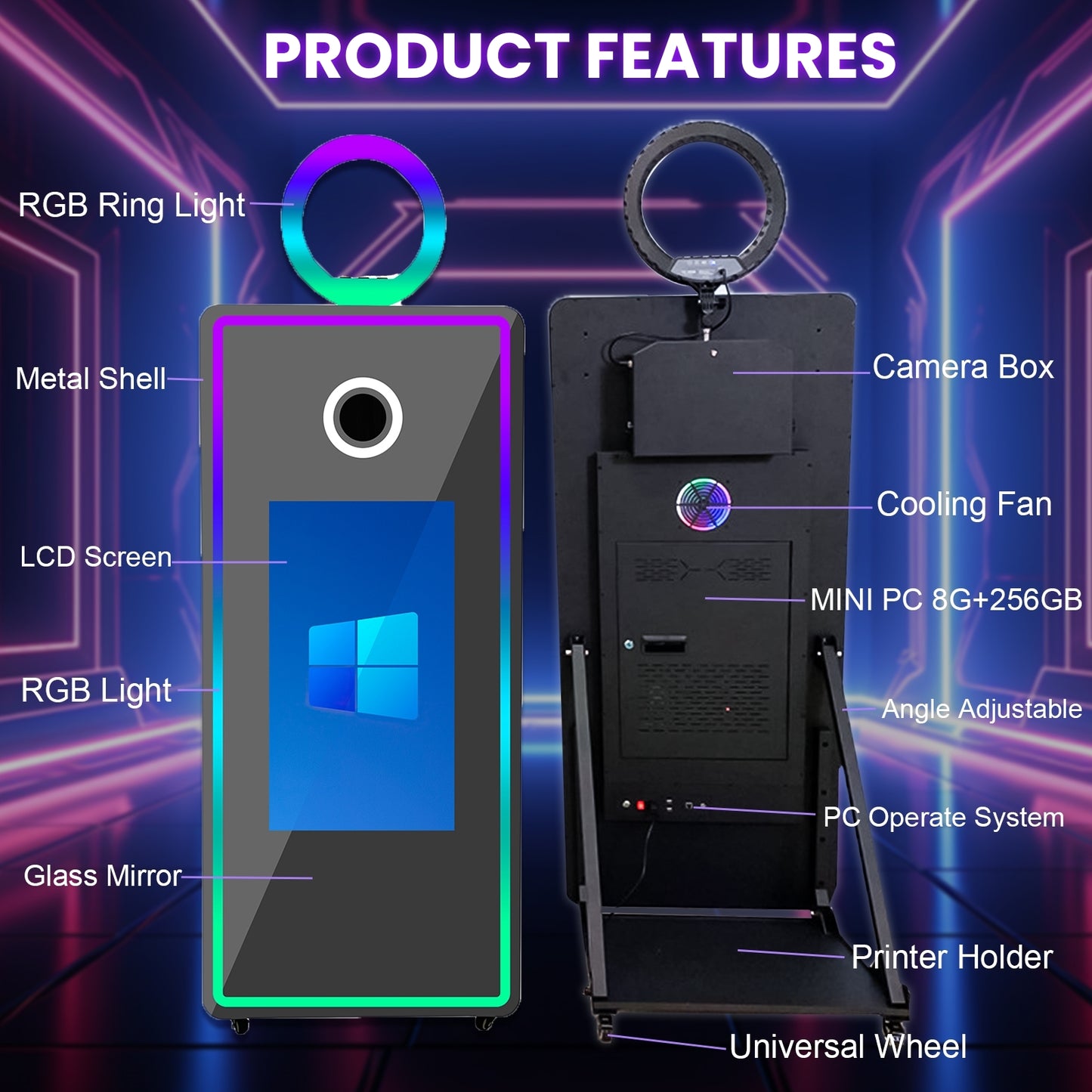 Magic Mirror Photo Booth 65’’ Mirror Photo Booth 32’’ Interactive Touch Screen, Built-in Mini PC with Instant Print and Sharing