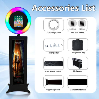 Photo Booth for iPad 10.2" 10.9'' 11'' 12.9'' with 37" LCD Selfie Machine, Portable Photo Booth with RGB LED Light & Flight Case for Birthday Graduation Wedding Events (Black, Photo Booth)