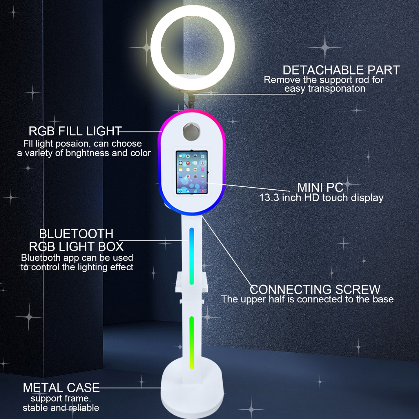 Portable Photo Booth Compatible with iPad Shell Stand Selfie Station Photobooth Machine with Adjustable RGB Light for Events Rental Wedding,Customized Logo