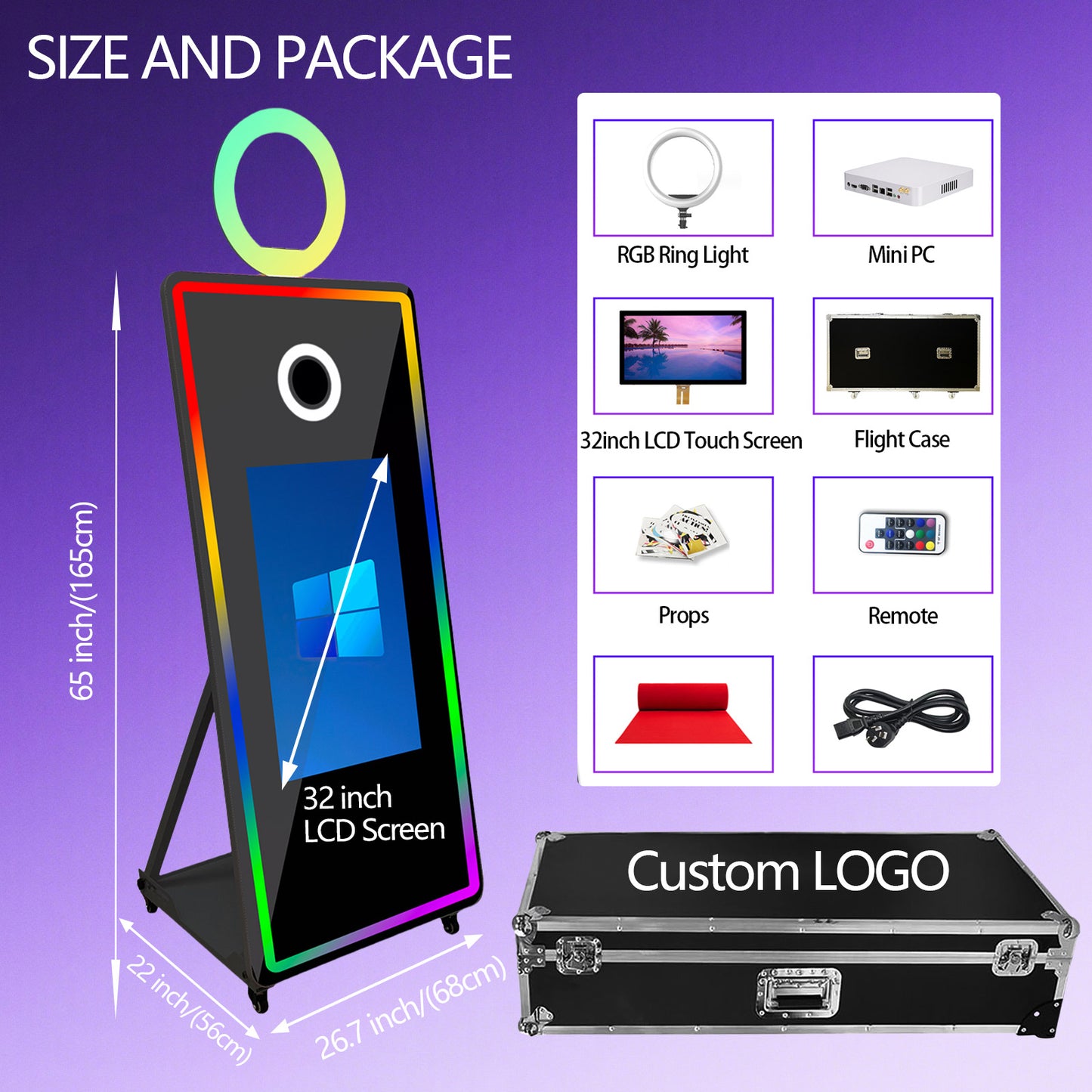 Magic Mirror Photo Booth 65’’ Mirror Photo Booth 32’’ Interactive Touch Screen, Built-in Mini PC with Instant Print and Sharing