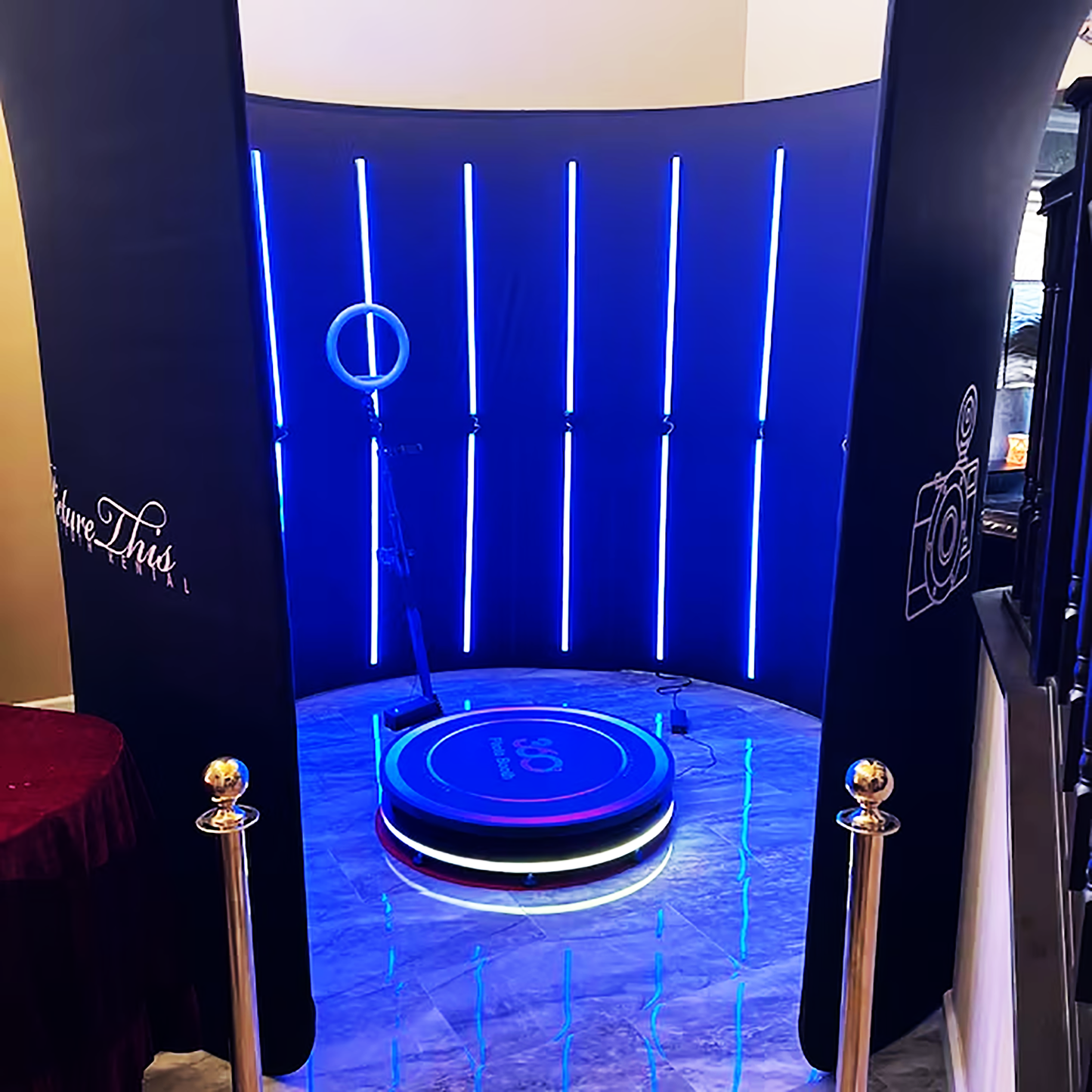 360 Photo Booth Backdrop for Party Event LED Lights Vogue Booth 360 Degree Video Camera Booth Enclosure Free Customize Logo for Events Weddings Parties