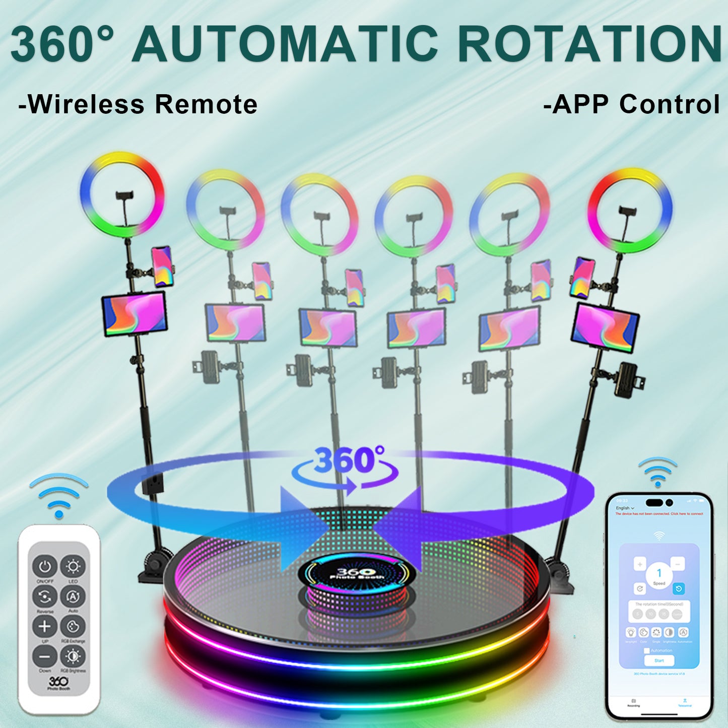 Portable 360 Photo Booth LED Glass Machine Camera Selfie Video Fill Light Booth Free Accessories Automatic Spin 360 Photobooth