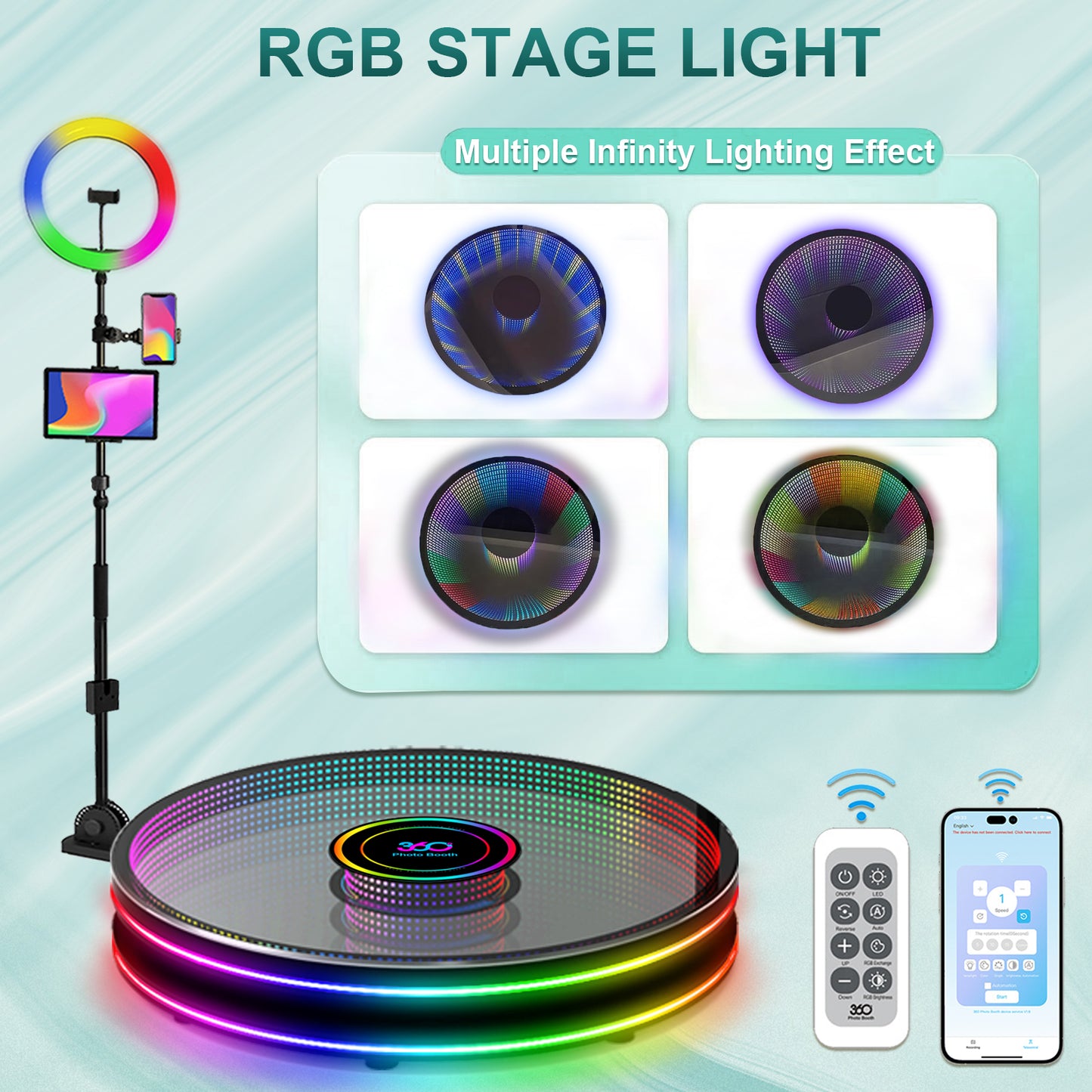 Portable 360 Photo Booth LED Glass Machine Camera Selfie Video Fill Light Booth Free Accessories Automatic Spin 360 Photobooth