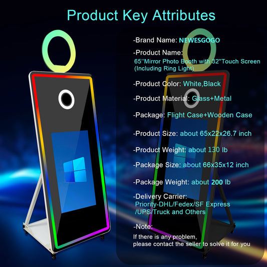 Magic Mirror Photo Booth 65’’ Mirror Photo Booth 32’’ Interactive Touch Screen, Built-in Mini PC with Instant Print and Sharing