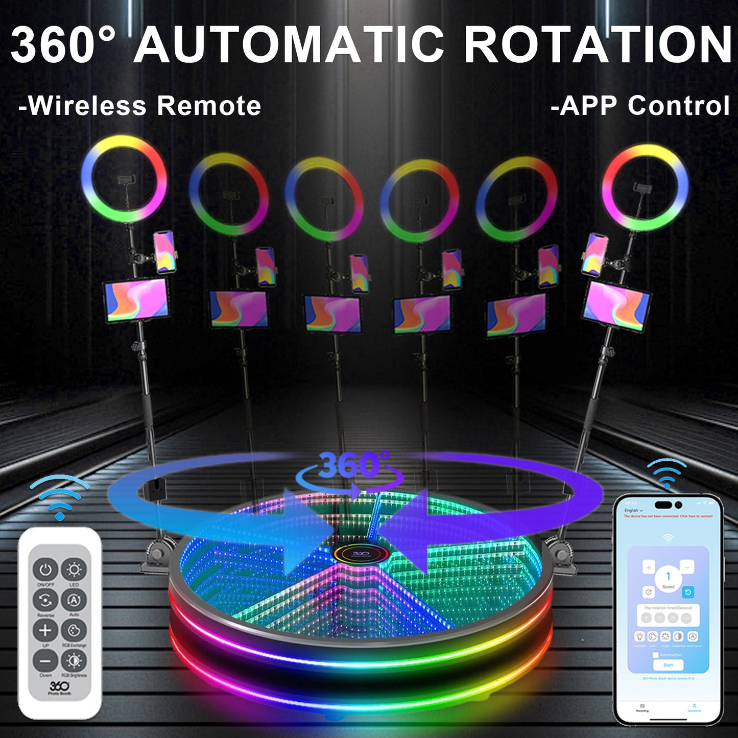 360 Photo Booth Automatic Spin Slow Motion Video Automatic Rotation Platform Camera LED Tempered Glass Booth For Weddings