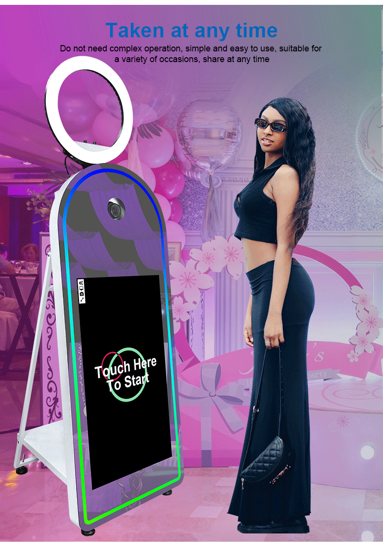 Portable Mirror Photo Booth Selfie Machine 32in Touch Screen Built-in Mini PC 65 inch Magic Mirror Photo Booth for Partys Events