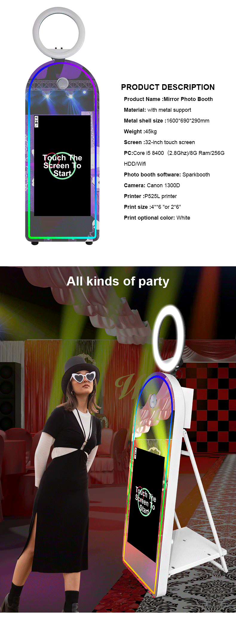 Portable Mirror Photo Booth Selfie Machine 32in Touch Screen Built-in Mini PC 65 inch Magic Mirror Photo Booth for Partys Events