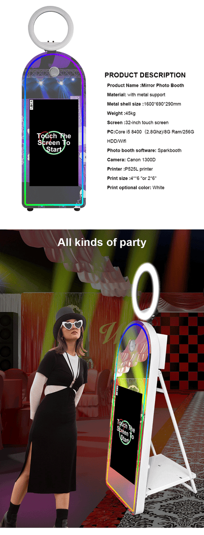 Portable Mirror Photo Booth Selfie Machine 32in Touch Screen Built-in Mini PC 65 inch Magic Mirror Photo Booth for Partys Events