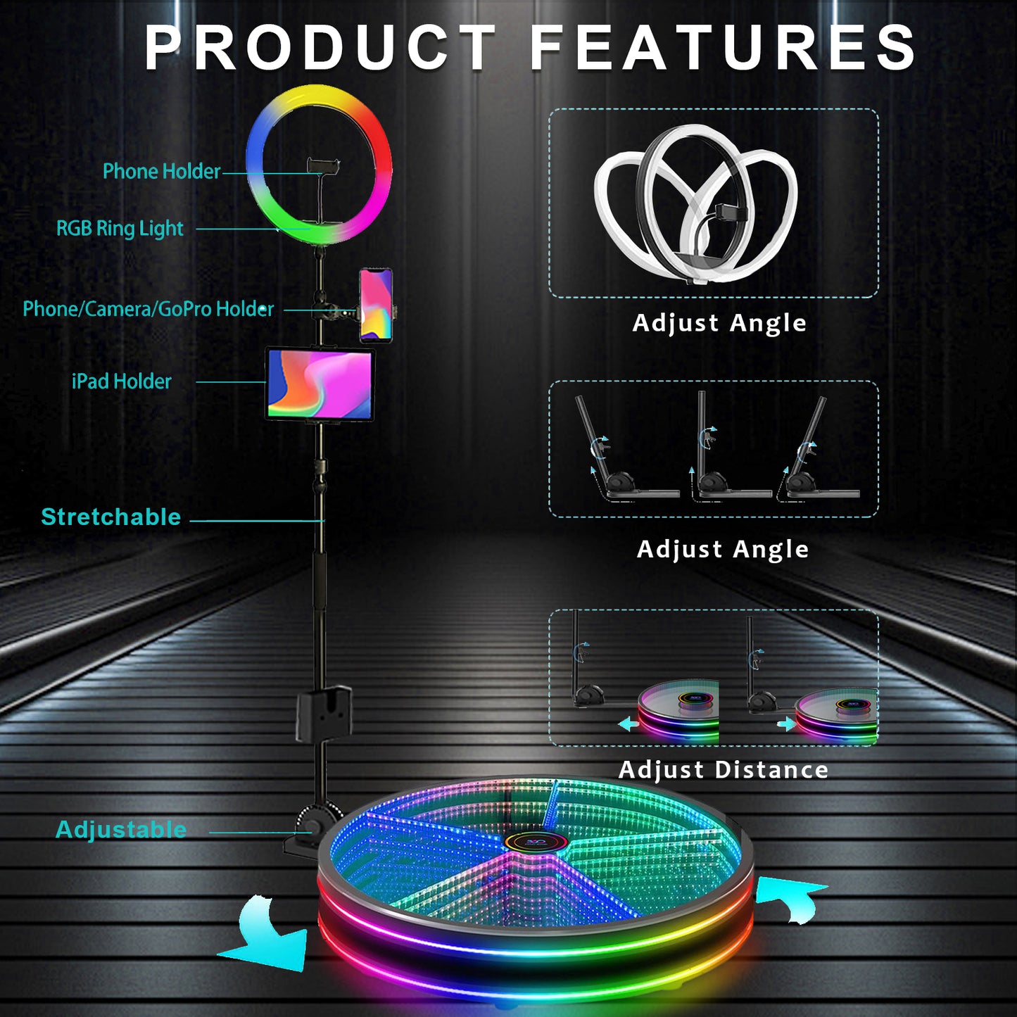 360 Photo Booth Automatic Spin Slow Motion Video Automatic Rotation Platform Camera LED Tempered Glass Booth For Weddings