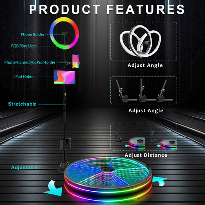 360 Photo Booth Automatic Spin Slow Motion Video Automatic Rotation Platform Camera LED Tempered Glass Booth For Weddings